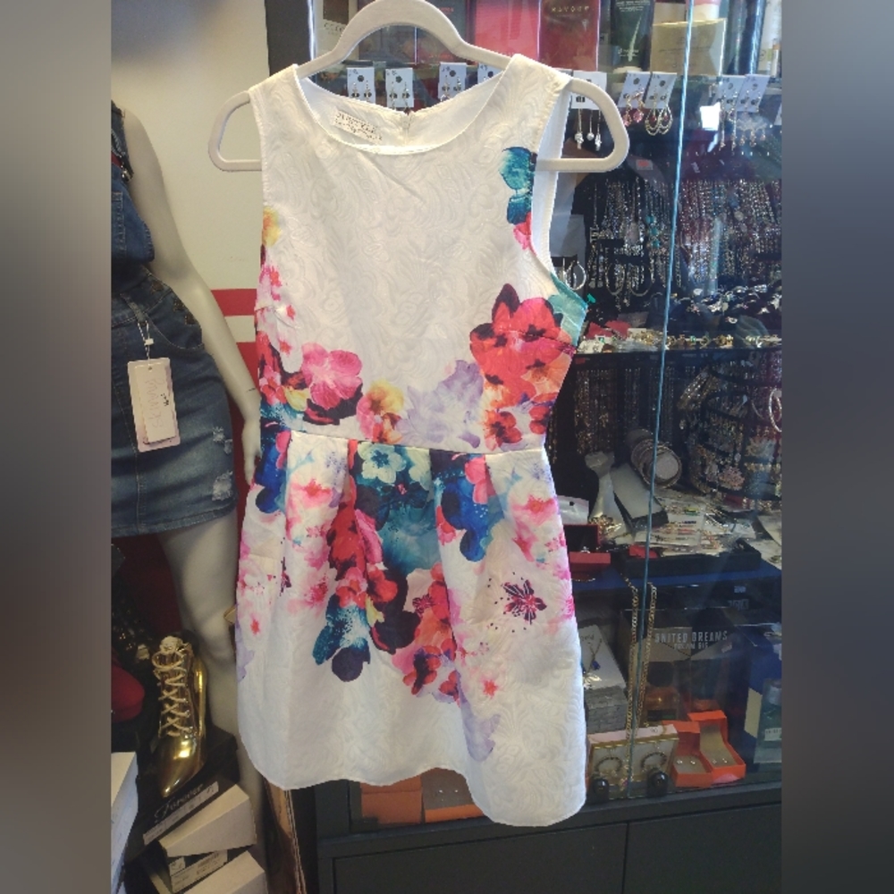 Justyle womens Slater pleated dress size S sleevelees white floral zip.